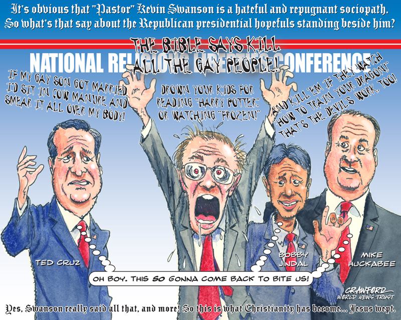 "Cruz, Jindal & Huckster." Editorial cartoon by Gregory Crawford. © 2015 World News Trust.