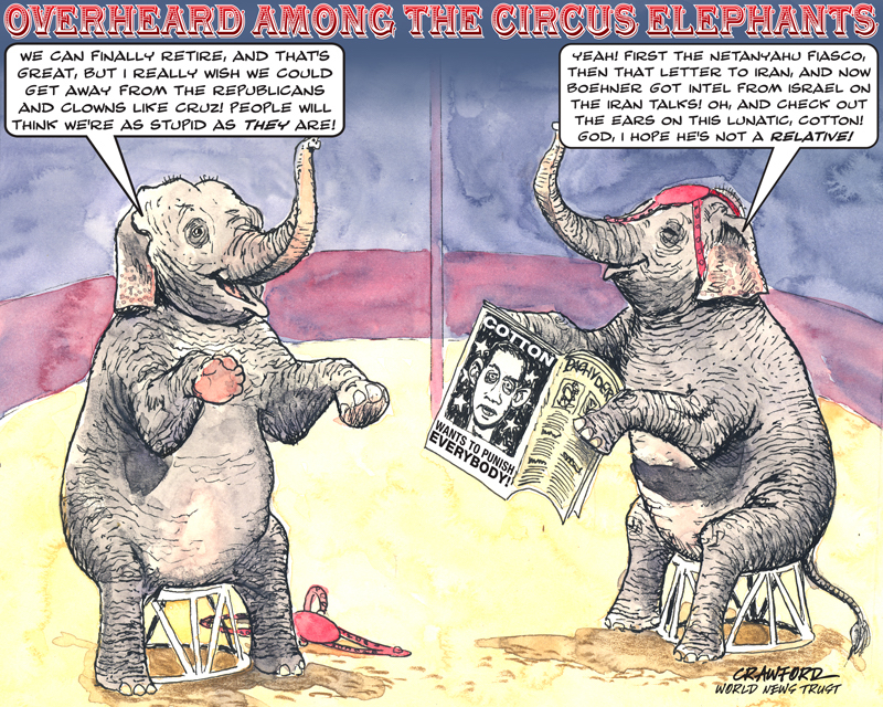 'Elephants Talkin' Trash.' Editorial cartoon by Gregory Crawford. © 2015 World News Trust