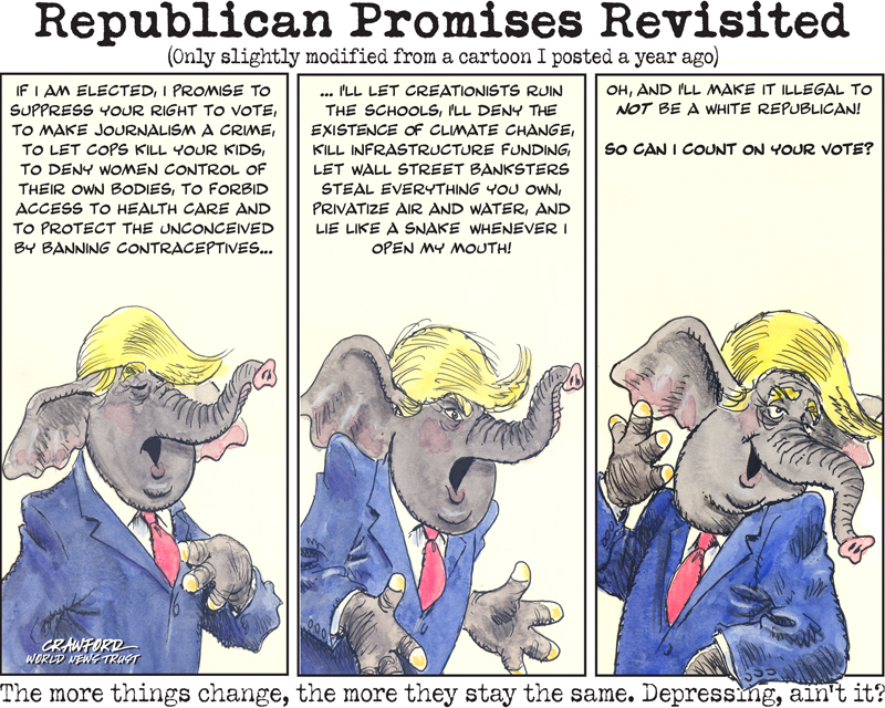 "Republican Promises Revisited." Editorial cartoon by Gregory Crawford. © 2015 World News Trust.