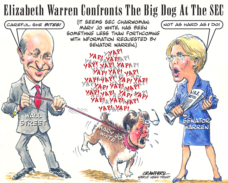 "Warren And The Big Dog." Editorial cartoon by Gregory Crawford. © 2015 World News Trust