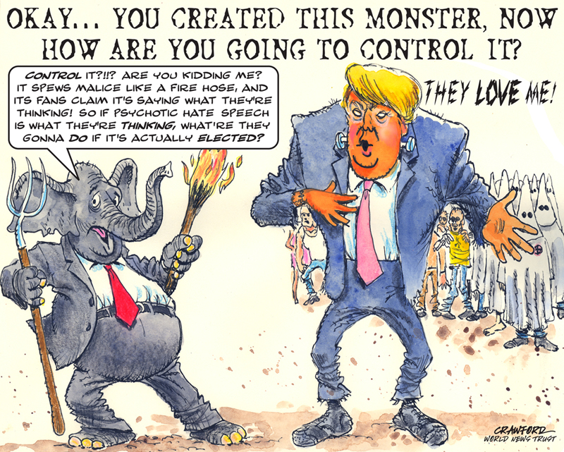 "Trumpenstein." Editorial cartoon by Gregory Crawford. © 2015 World News Trust.