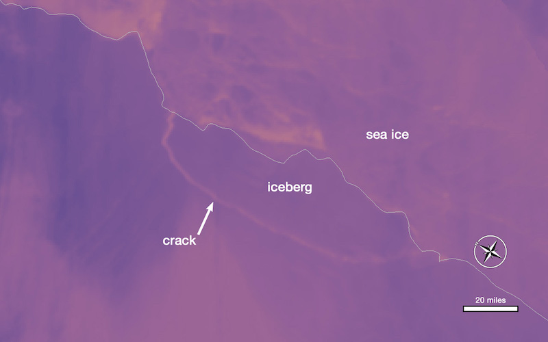 Thermal wavelength image of a large iceberg, which has calved off the Larsen C ice shelf. Darker colors are colder, and brighter colors are warmer, so the rift between the iceberg and the ice shelf appears as a thin line of slightly warmer area. Image from July 12, 2017, from the MODIS instrument on NASA's Aqua satellite. Credit: NASA Worldview