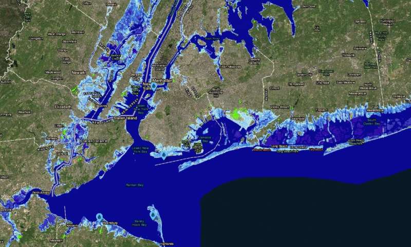 Parts of New Jersey and New York with 8 feet of sea-level rise. An almost 8-foot rise is possible by 2100 under a worst-case scenario, according to projections. The light-blue areas show the extent of permanent flooding. The bright green areas are low-lying. Credit: NOAA Sea Level Rise Viewer