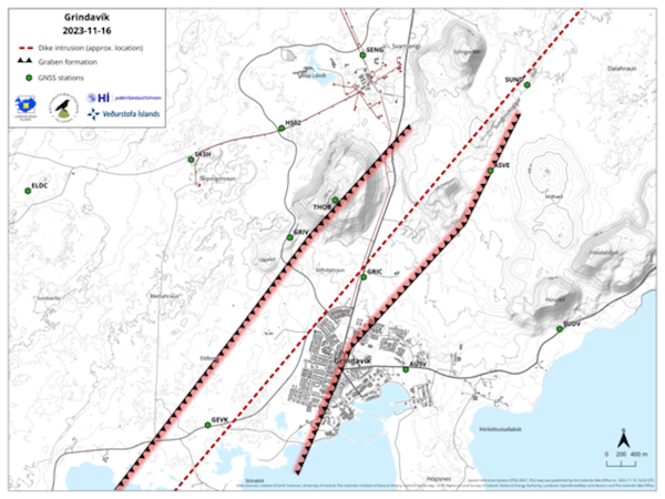 A map showing the extent of the subsidence over the magma intrusion in and around Grindavík. A GPS station (GRIC) located near the center of the subsidence has recorded a total subsidence of 25 cm since the beginning of the event.